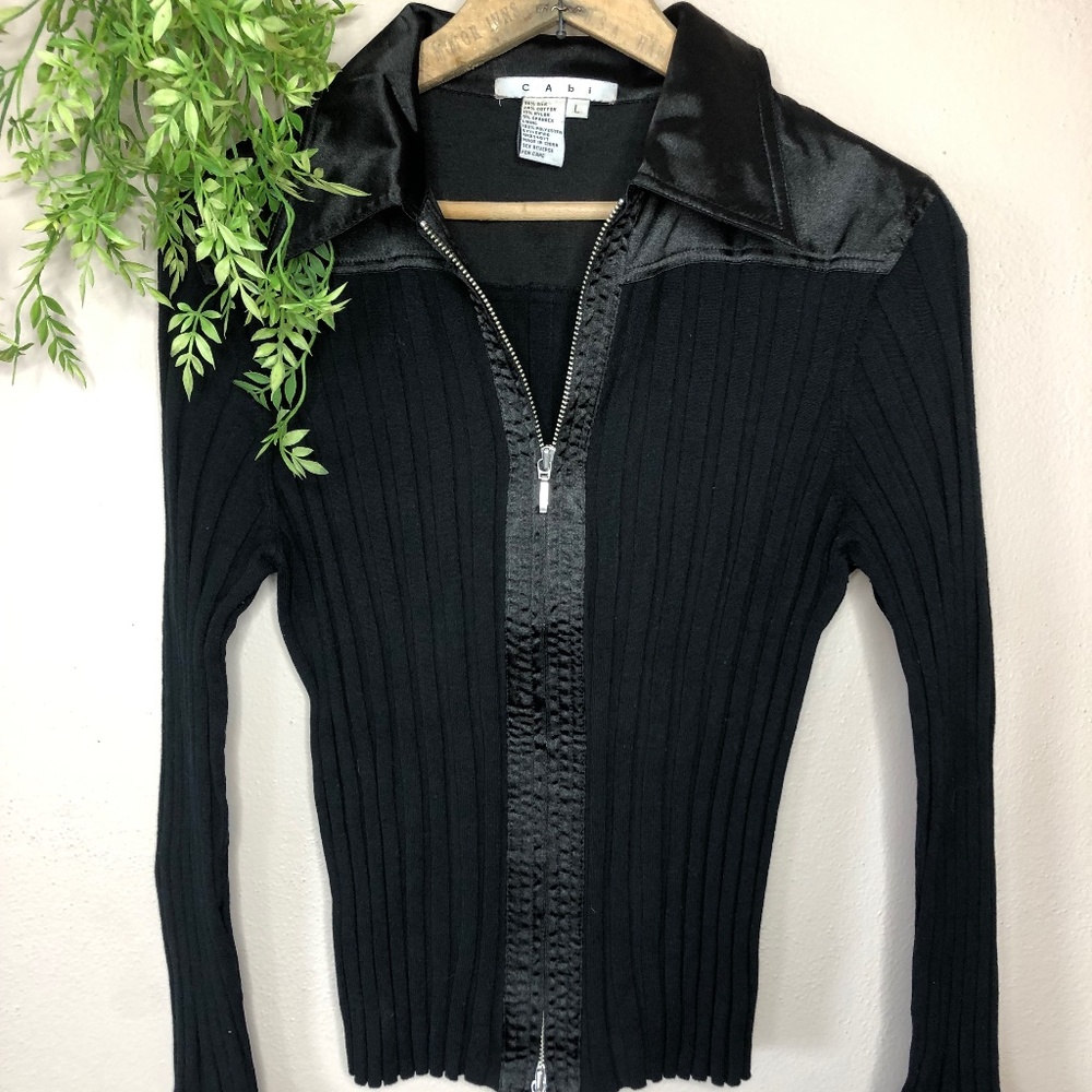 CAbi Y2K Long Sleeve Silk Blend Black Ribbed Zip Cardigan Sweater Shirt Collar